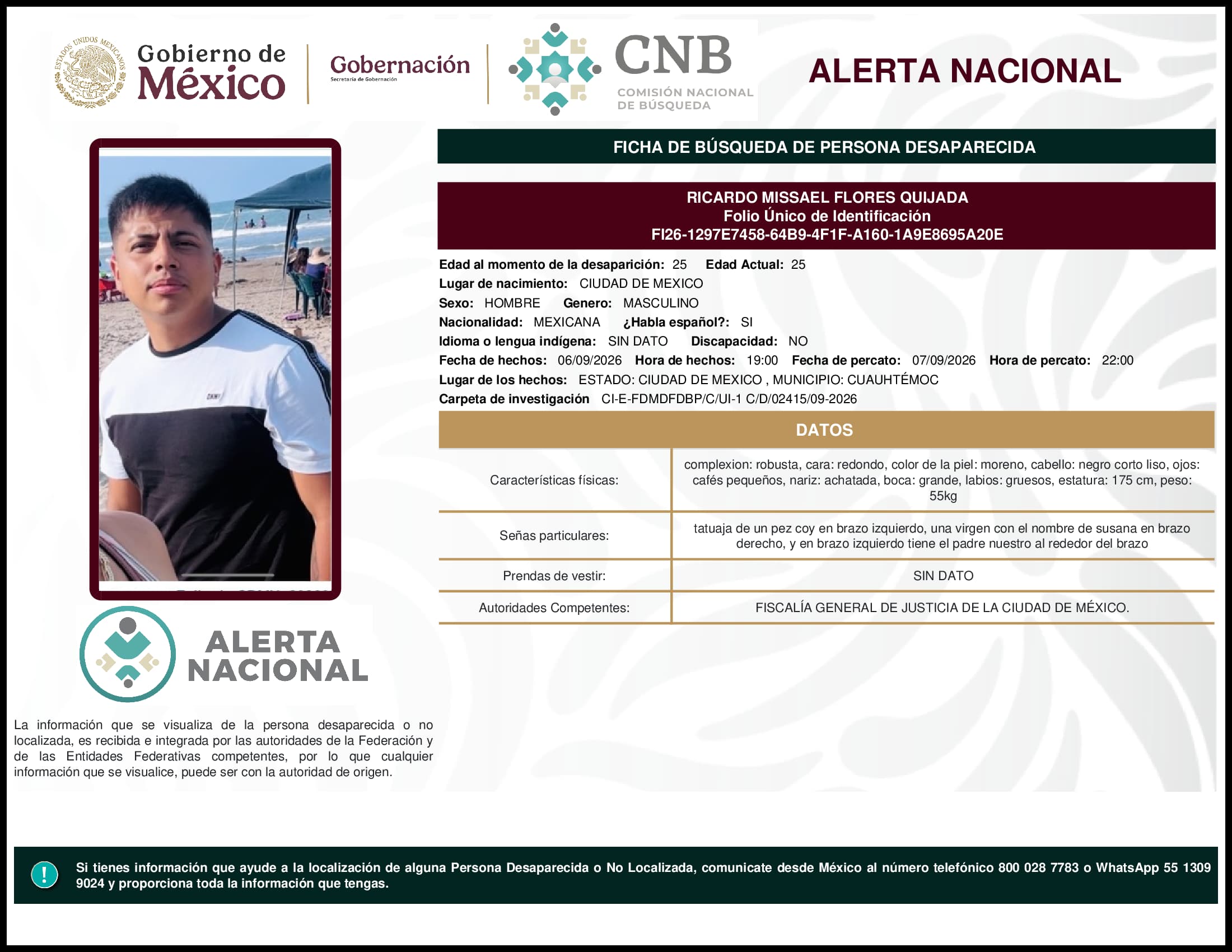 Persona desaparecida Ricardo Missael Flores Quijada