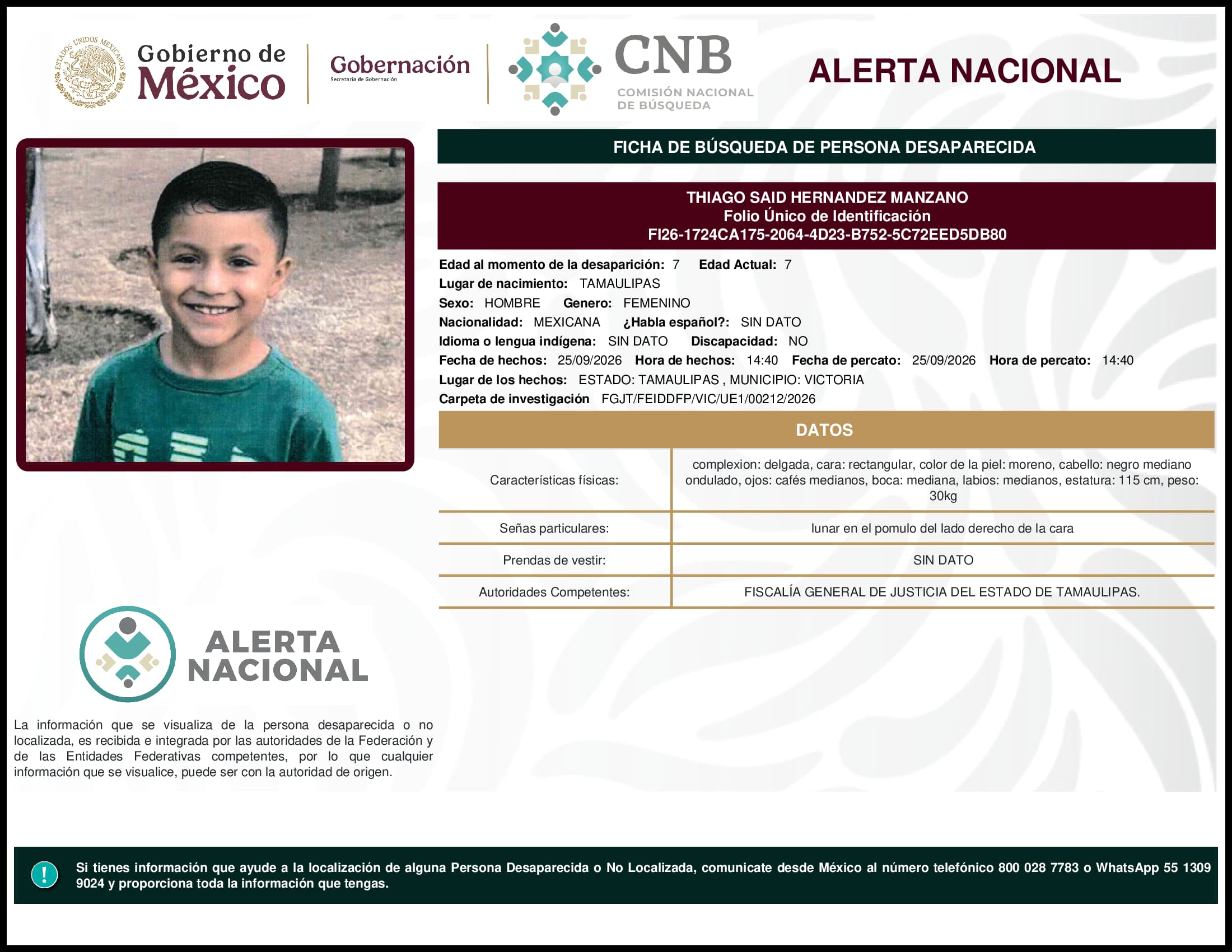 Persona desaparecida Thiago Said Hernandez Manzano