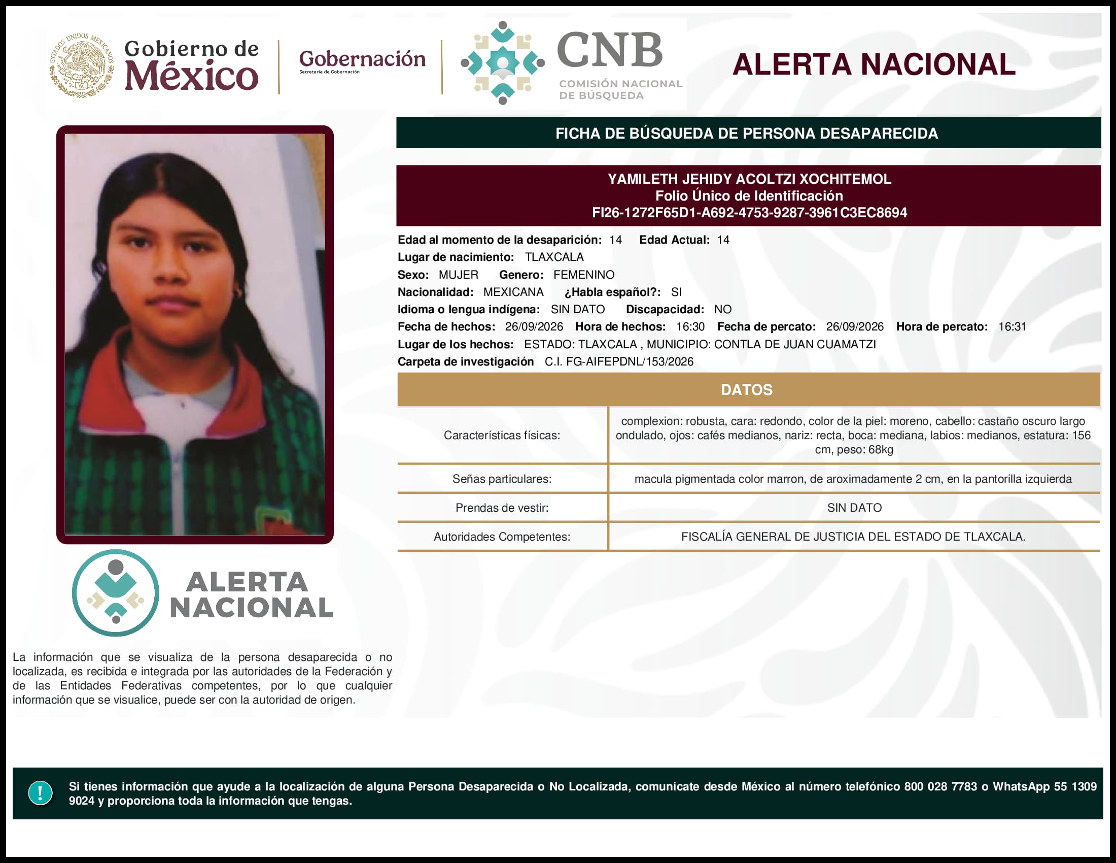 Persona desaparecida Yamileth Jehidy Acoltzi Xochitemol