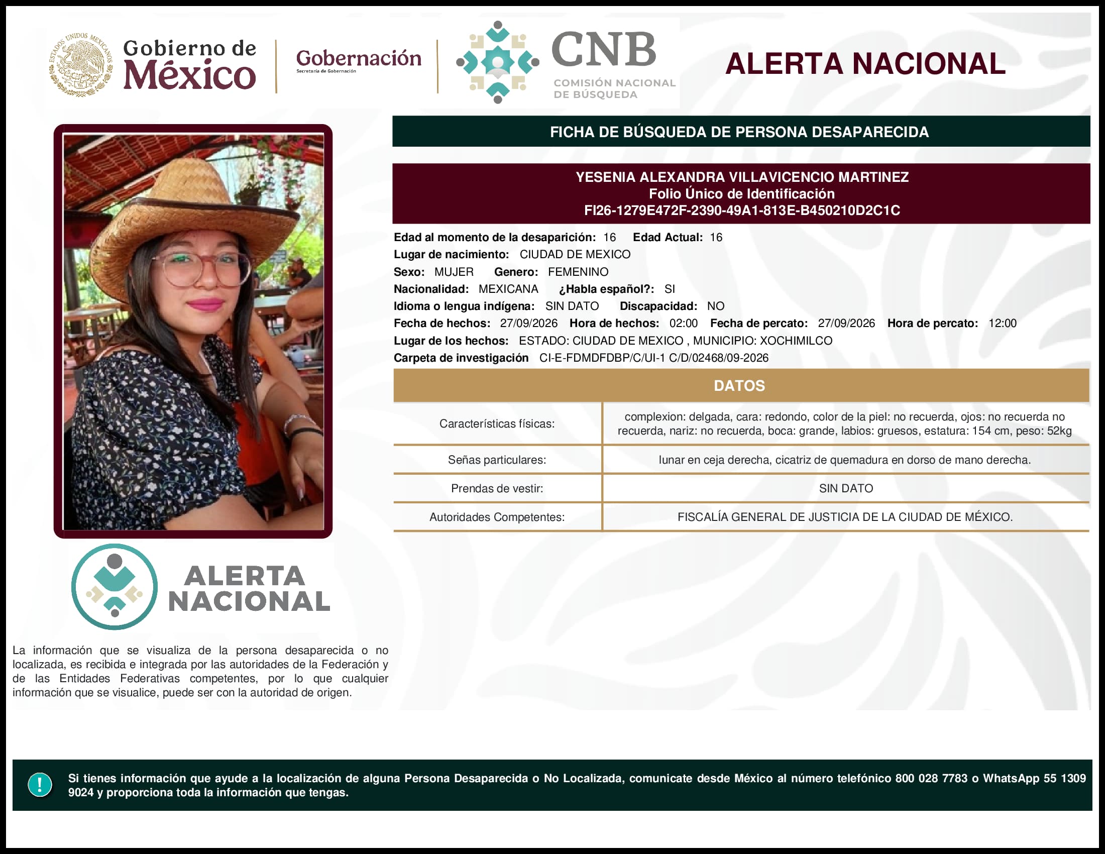 Persona desaparecida Yesenia Alexandra Villavicencio Martinez