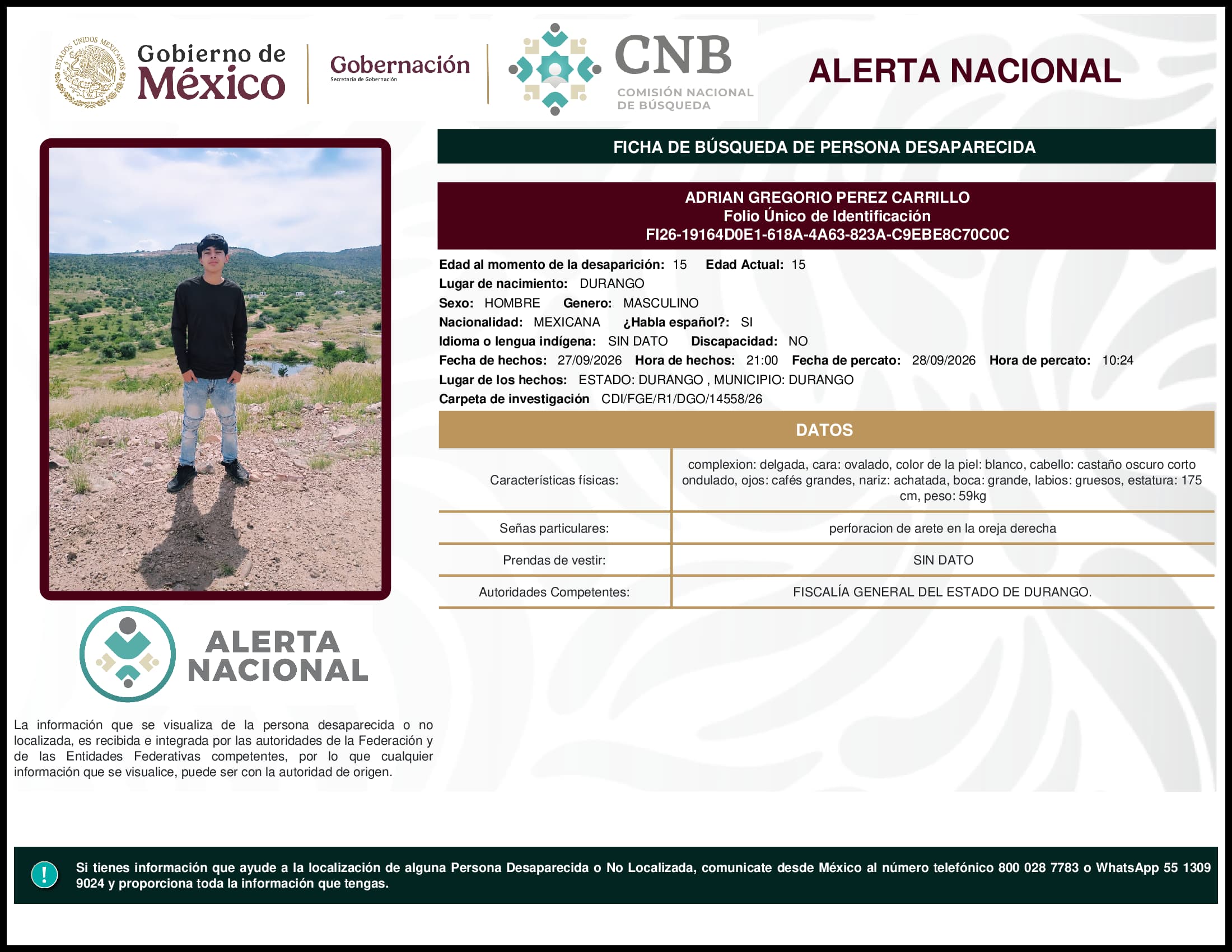 Persona desaparecida Adrian Gregorio Perez Carrillo