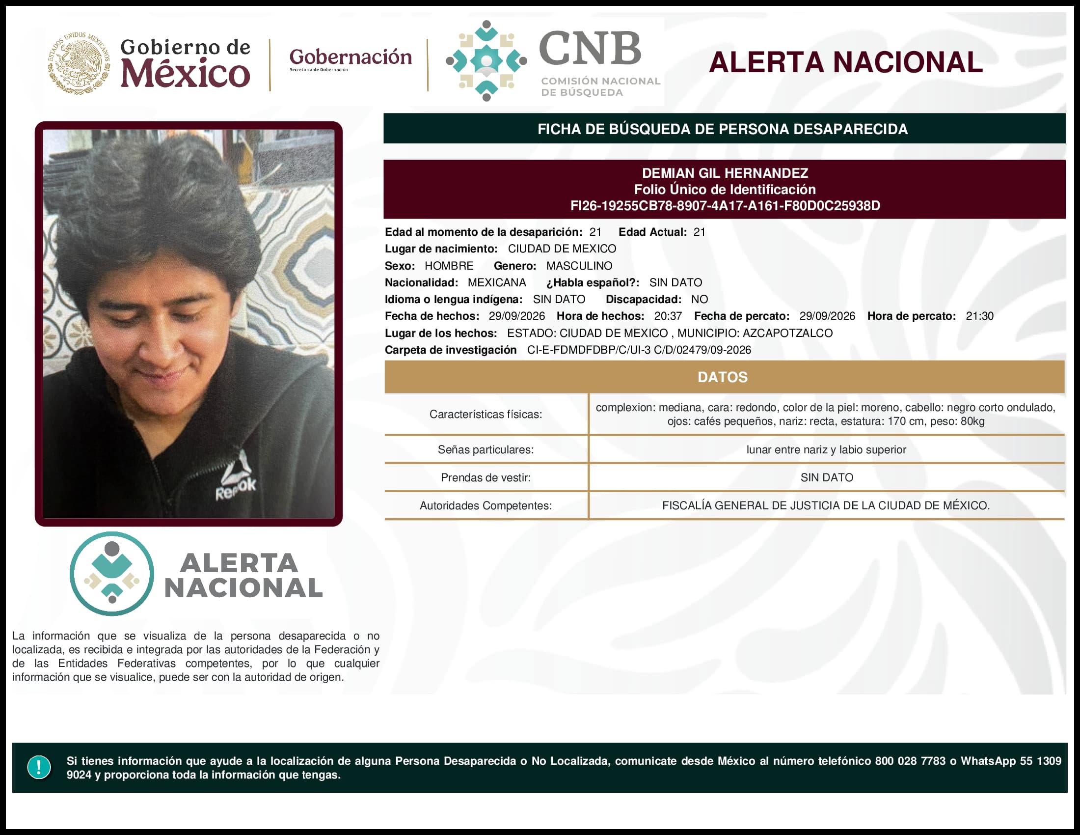 Persona desaparecida Demian Gil Hernandez