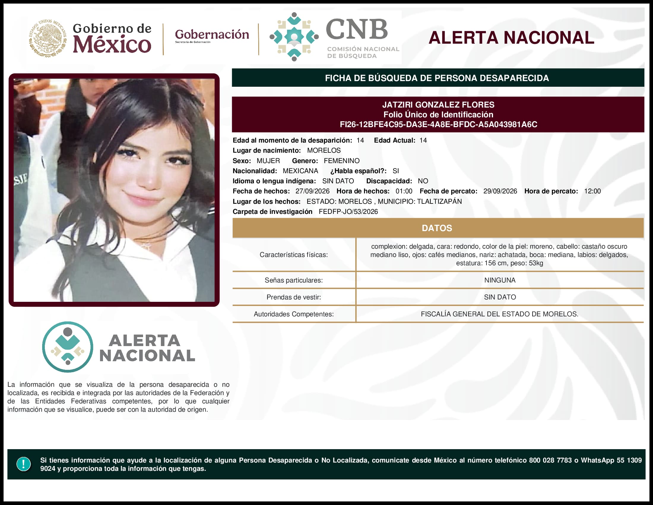 Persona desaparecida Jatziri Gonzalez Flores