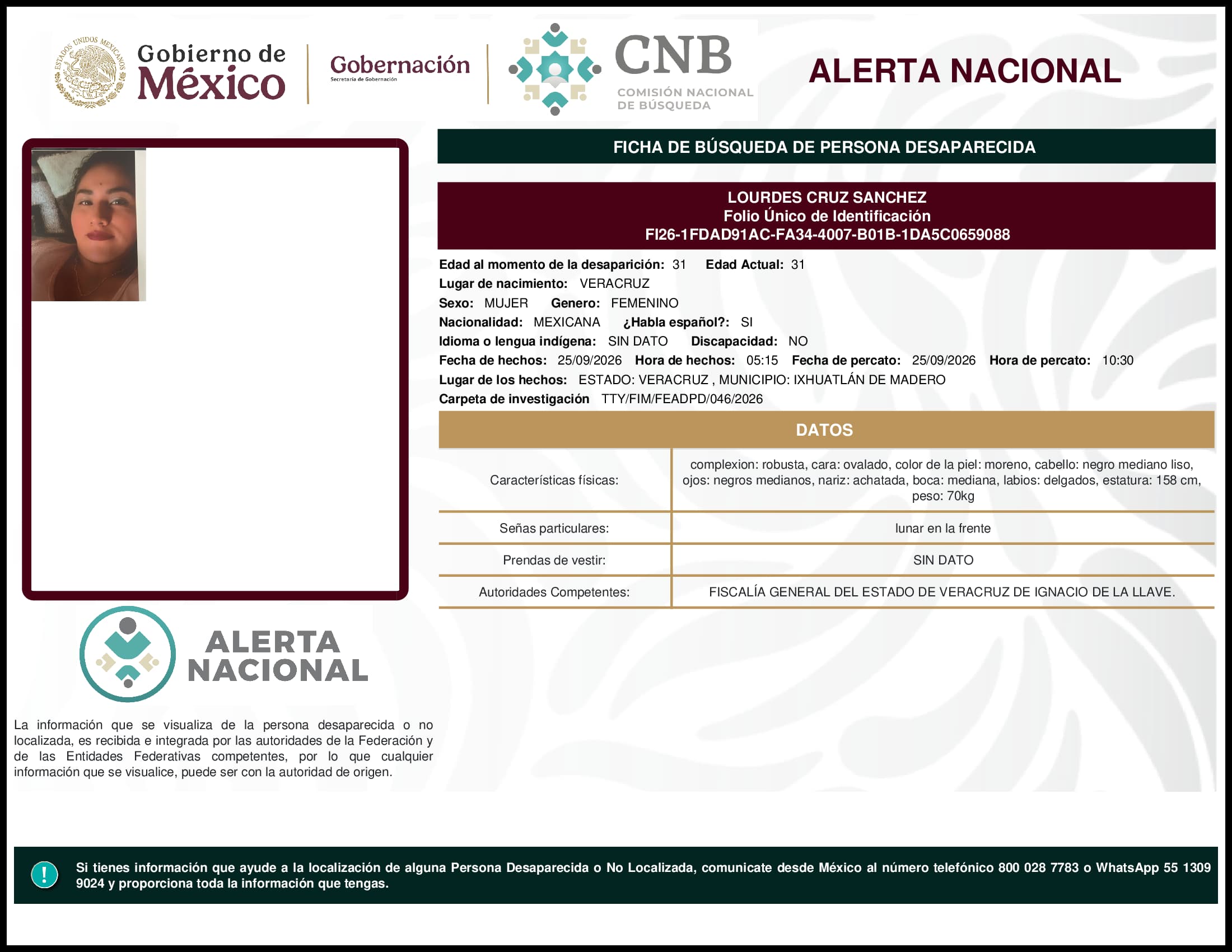 Persona desaparecida Lourdes Cruz Sanchez