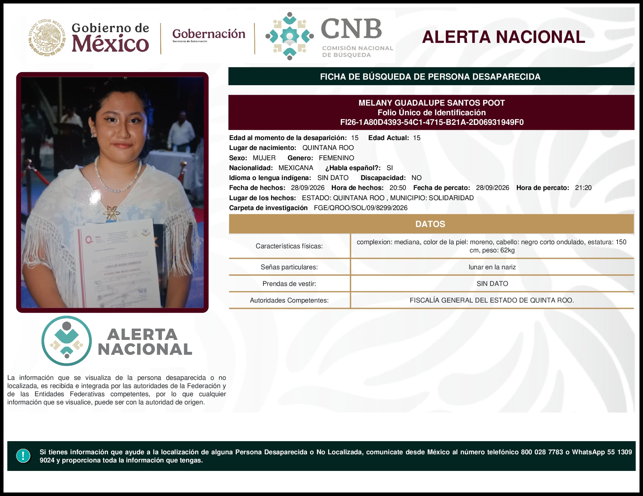 Persona desaparecida Melany Guadalupe Santos Poot
