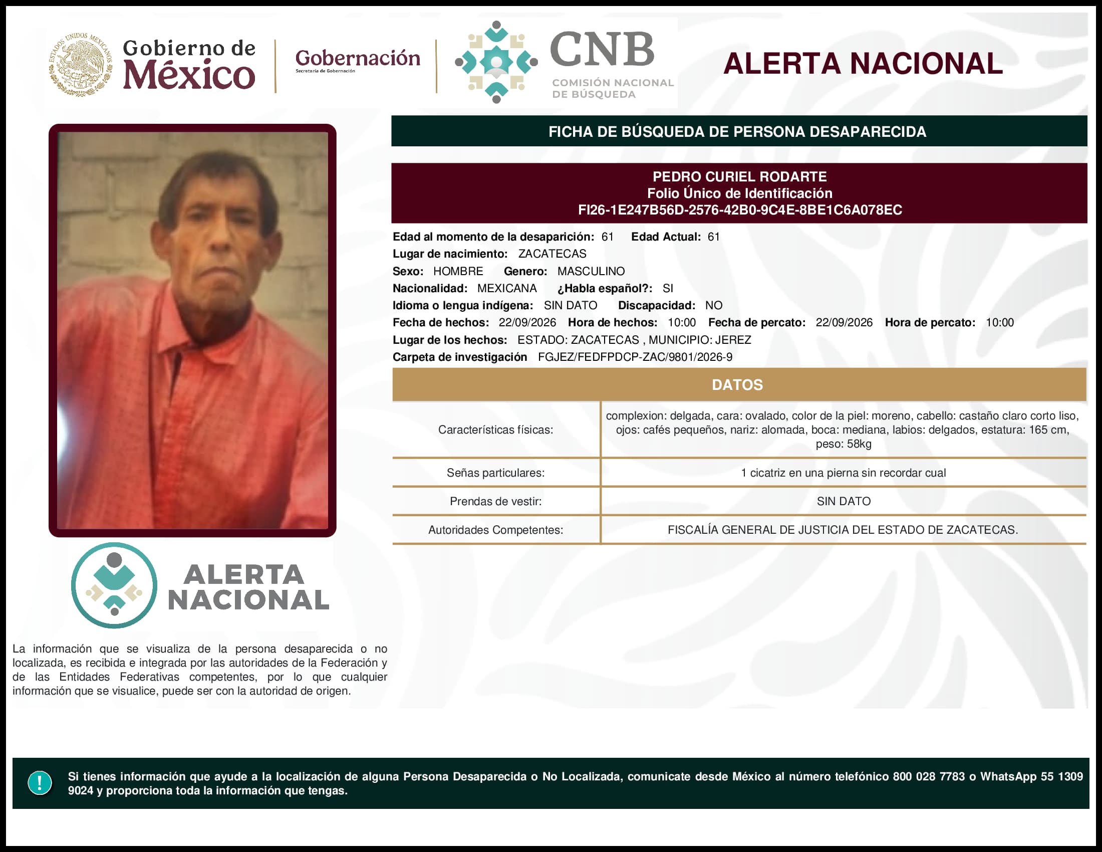 Persona desaparecida Pedro Curiel Rodarte