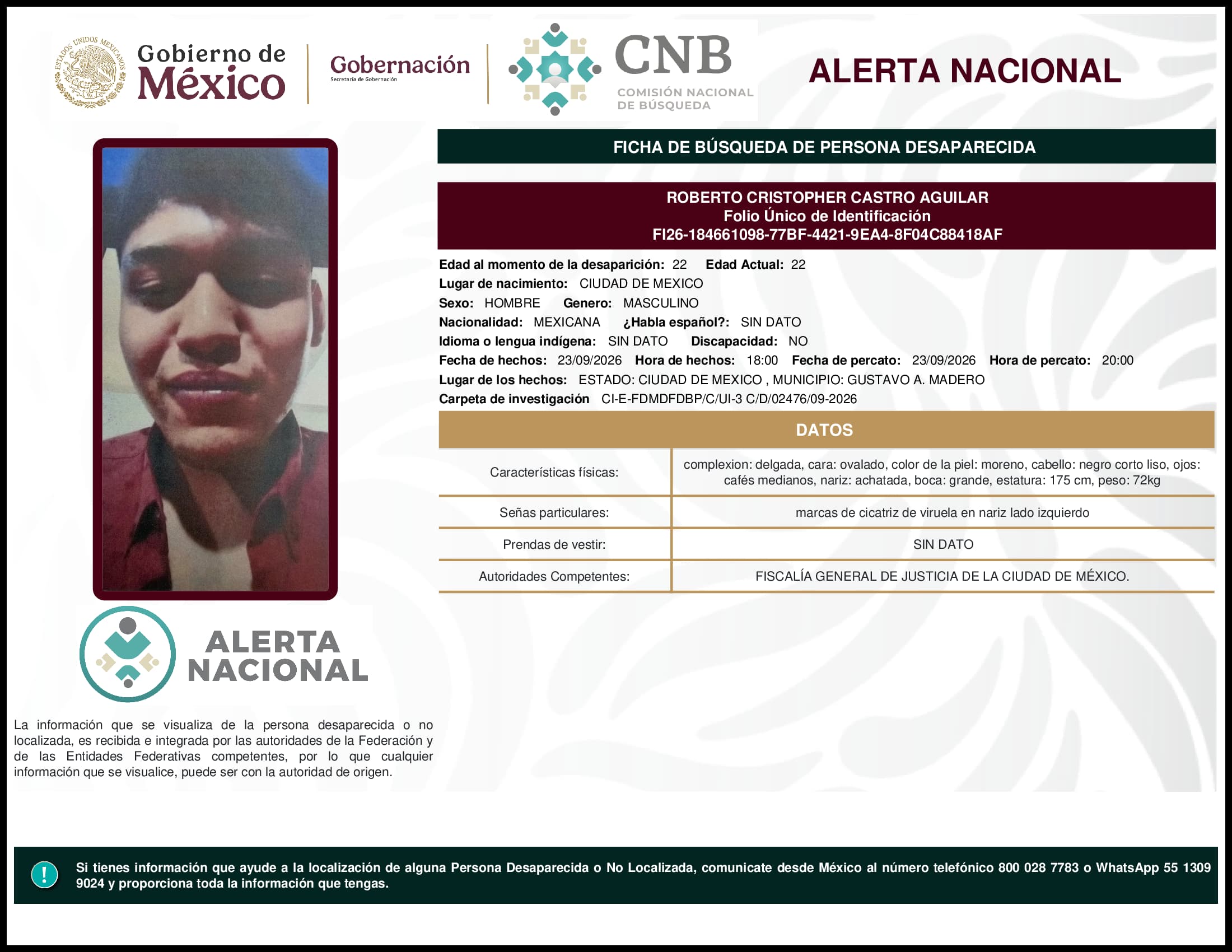 Persona desaparecida Roberto Cristopher Castro Aguilar