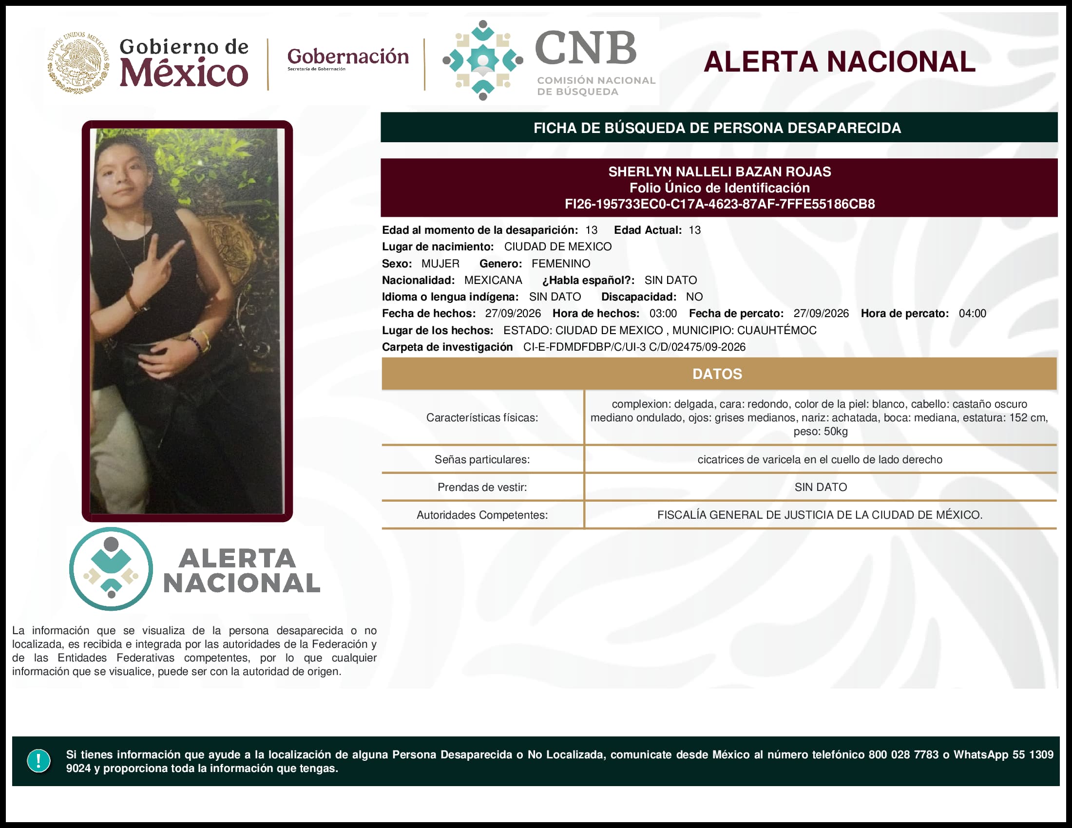 Persona desaparecida Sherlyn Nalleli Bazan Rojas