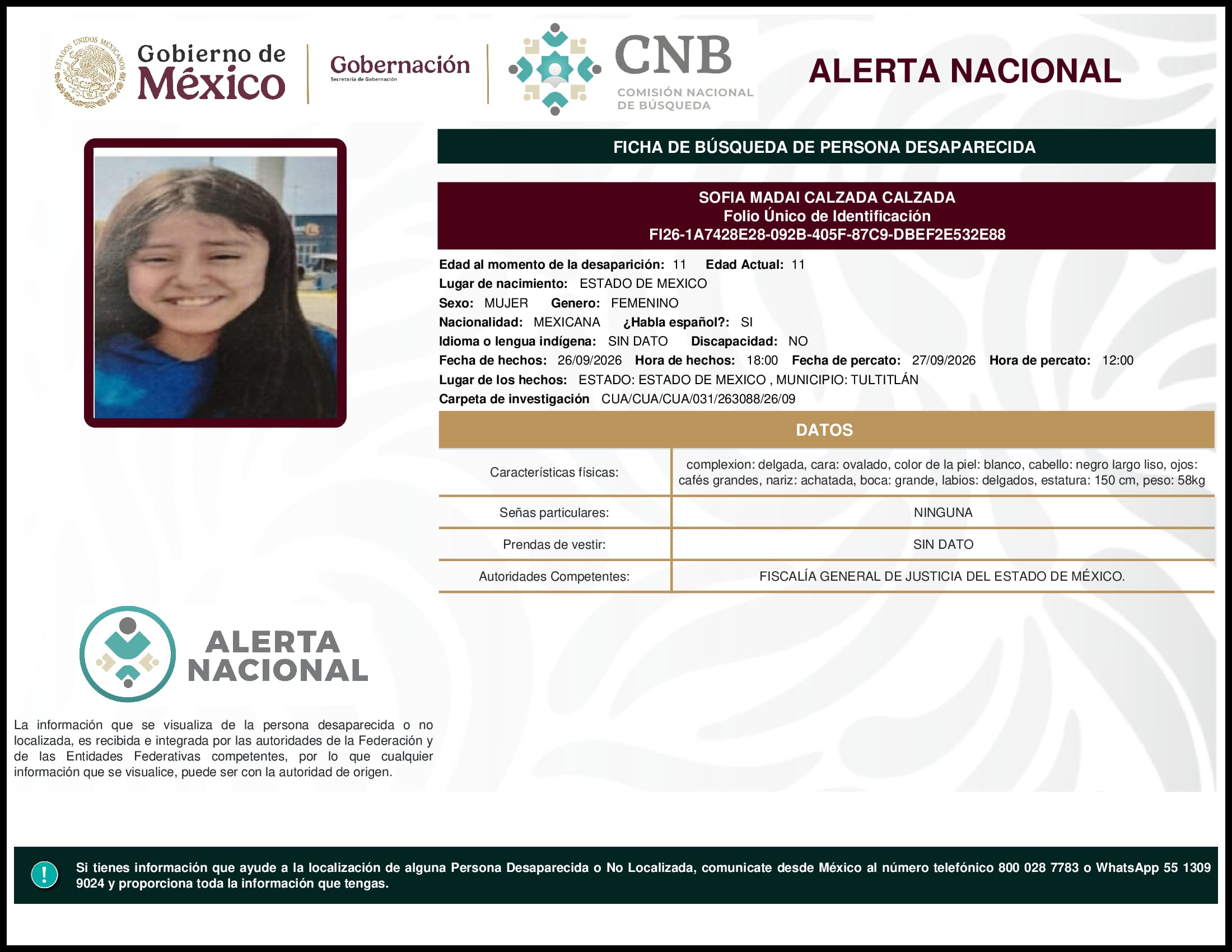 Persona desaparecida Sofia Madai Calzada Calzada
