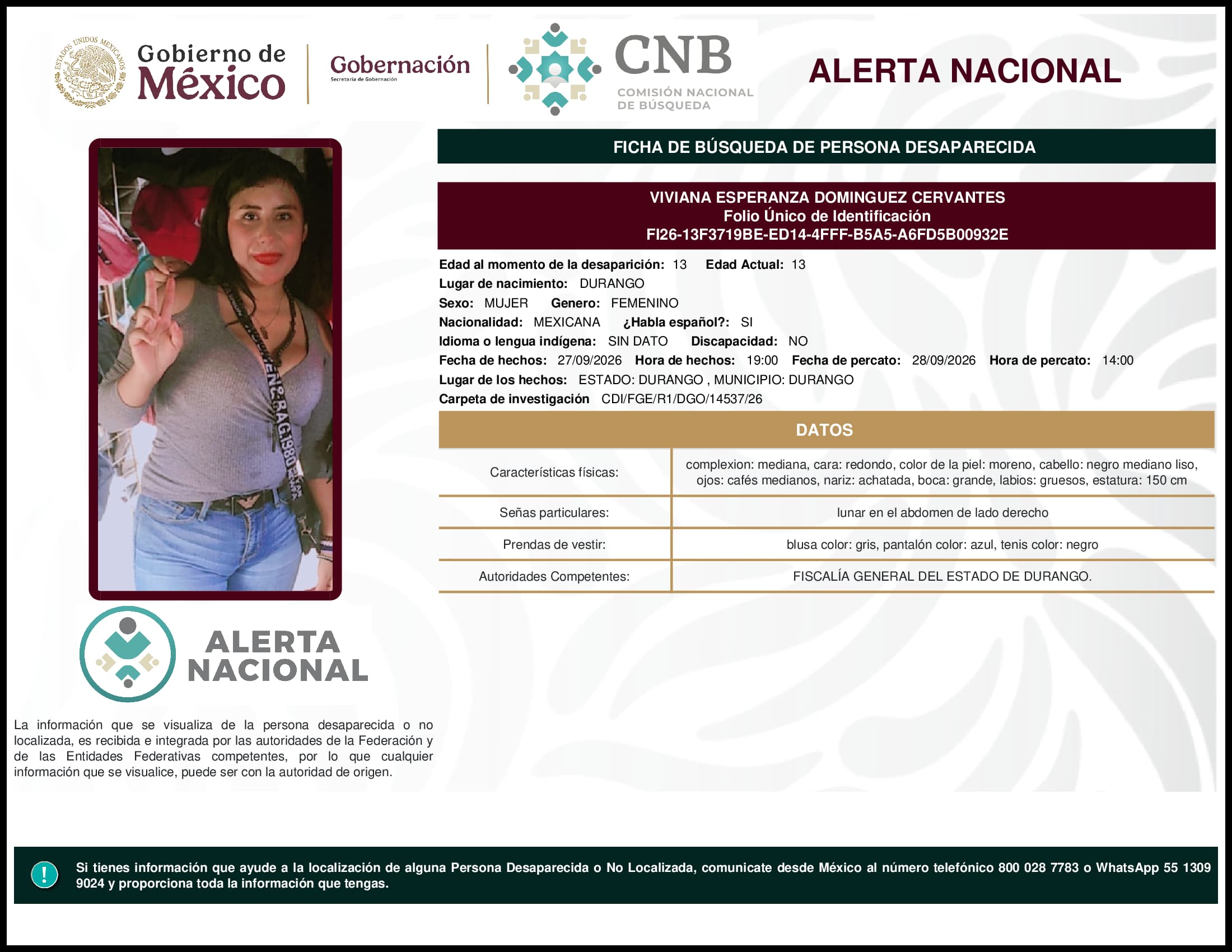 Persona desaparecida Viviana Esperanza Dominguez Cervantes