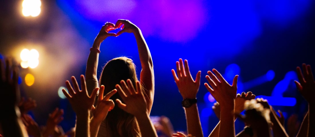 Un grupo de personas con las manos arriba en un concierto en vivo.