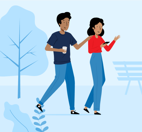 Ilustración de dos personas caminando en el parque.