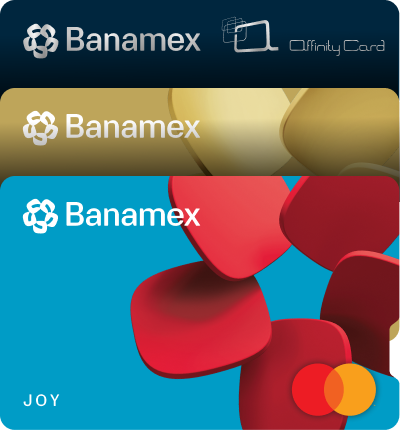 Abanico de tarjetas Affinity Card, Oro y Joy Banamex colocadas verticalmente.