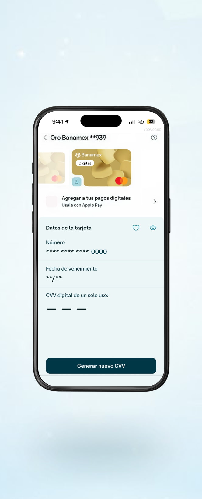 Un celular con la App Banamex abierta, mostrando los datos de la tarjeta de crédito digital.