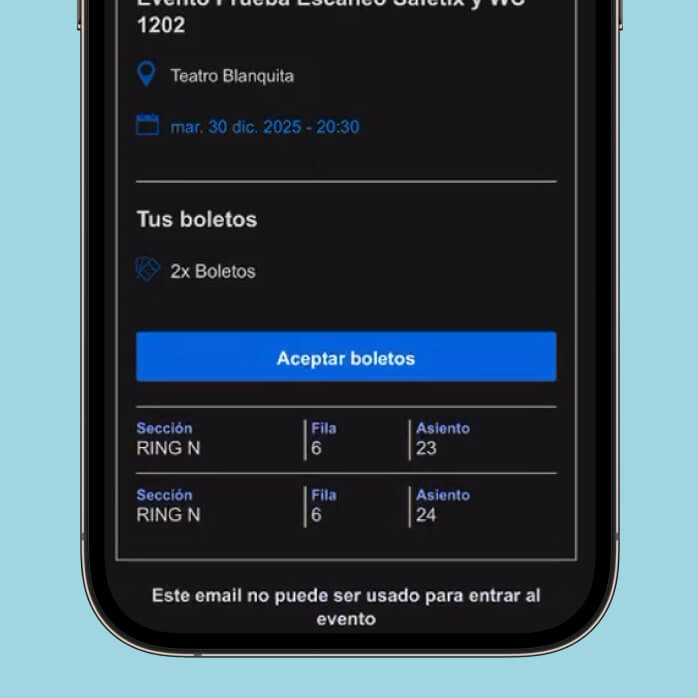 Un celular mostrando unos boletos de Ticketmaster y un botón para aceptarlos.