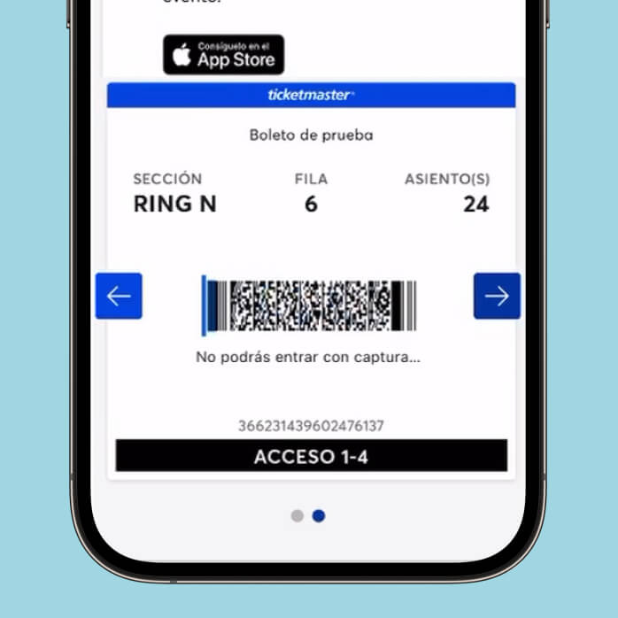 Un celular mostrando los boletos de Ticketmaster con su código de acceso.